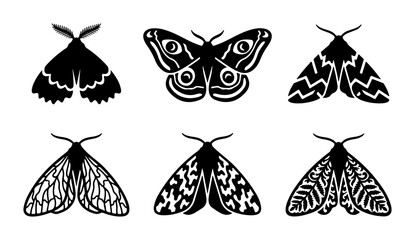 Set of Six Black Moth Illustrations, Vector Insect Icons, Decorative Butterfly Silhouettes © Mariyam
