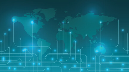 Global network connection, digital technology background with world map. Futuristic communication system, internet data exchange, and worldwide business concept vector. © AdiArt