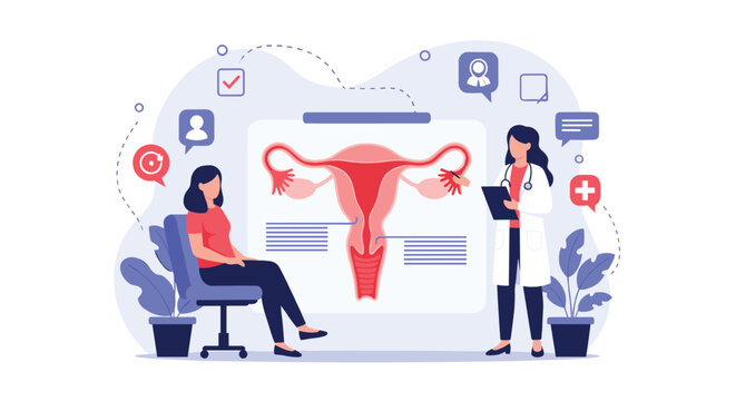 Professional doctor using a large diagram of the female reproductive system to explain healthcare details to a seated female patient.