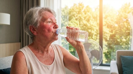 Fototapeta premium .Exhausted sweaty senior woman drinking water from a plastic bottle at home in front of a fan during extreme summer heatwave. Elderly dehydration and heat stroke risk concept