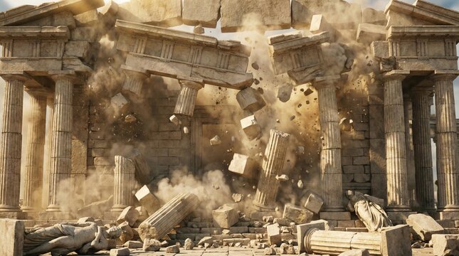 Ancient greek temple structure collapsing with massive stone pillars falling amidst thick dust clouds under bright golden sunset lighting conditions