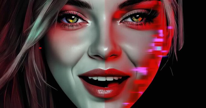 Close up portrait of young woman with split face effect featuring digital glitch transformation and neon light illumination, creating modern cybernetic aesthetic concept.
