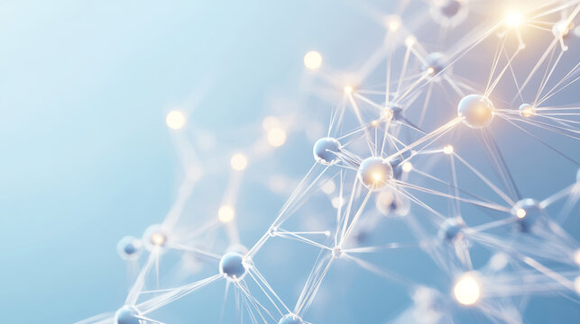 Molecular structure with interconnected spheres, scientific concept, soft blue white hues