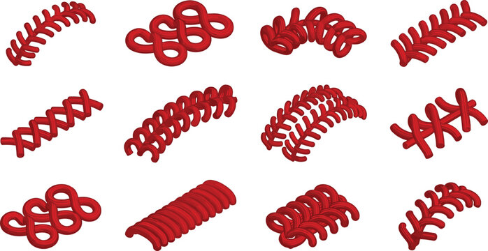 Isometric Red 3D Baseball Laces and Softball Stitches Ribbon Set for Sports App UI Design and Athletic Merchandise Branding Graphic Elements
