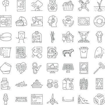 Line art icon set for web and graphic design depicting finance, technology, environment and everyday objects in a minimal thin line pictogram style for diverse digital projects