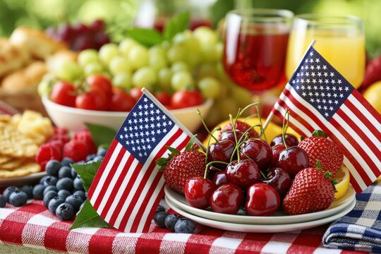 Festive Fourth of July picnic spread with fresh fruits, drinks, and American flags on a checkered tablecloth.