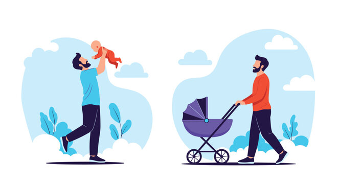 Loving father spends quality time with his child by lifting the baby in the air and pushing a purple baby stroller.