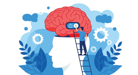 Man standing on ladder switching on giant human brain icon symbol representing mental health awareness cognitive development or creative thinking process vector. © DHS