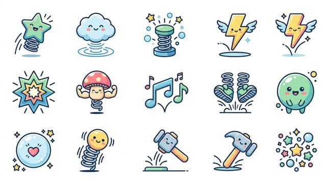 Collection of cute cartoon icons representing various concepts and actions.