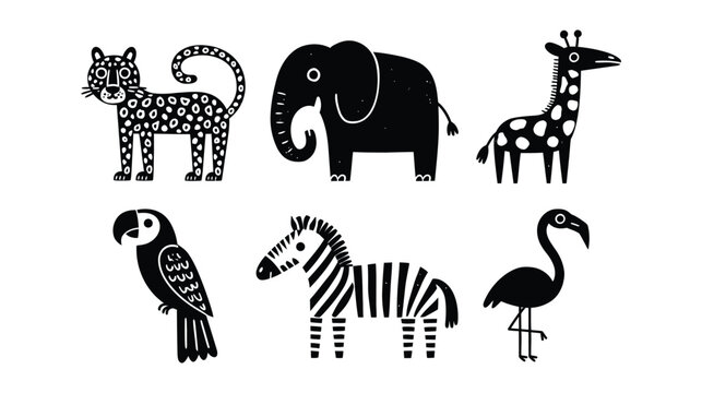 Animal icons featuring leopard, elephant, giraffe, parrot, zebra, and flamingo