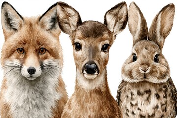 Obraz premium Close-up watercolor portrait of a cute fox, fawn, and rabbit on a white background, forest friends.