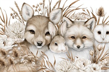 Obraz premium Charming watercolor illustration of forest animals including a deer, rabbit, fox, and owl amidst botanical elements.