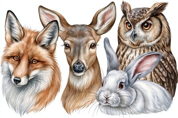 Naklejka premium A watercolor illustration featuring a fox, deer, owl, and rabbit, showcasing forest wildlife.