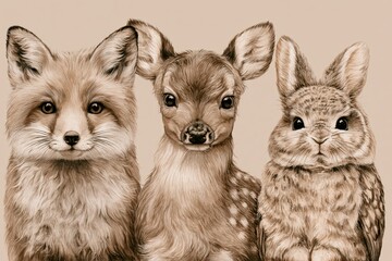 Naklejka premium Adorable trio of baby animals: a fox, a deer fawn, and a rabbit, rendered in a charming sepia tone illustration style.