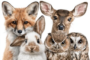 Obraz premium Adorable forest animals including a fox, deer fawn, rabbit, and owls in a charming group portrait.