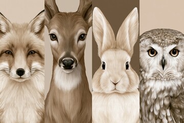 Obraz premium A charming digital illustration featuring a fox, deer, rabbit, and owl in a vertical composition.