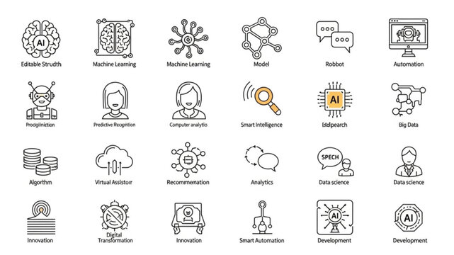 Artificial Intelligence and Machine Learning Line Icon Set Featuring Robotics Automation Analytics and AI Technology Symbols Vector