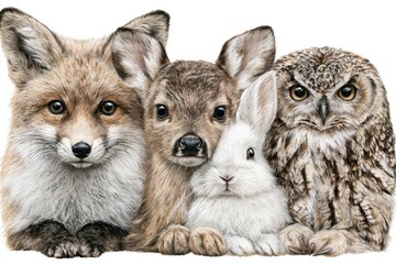 Naklejka premium Adorable forest animals, a fox cub, a fawn, a rabbit, and an owl, posed together in a charming illustration.