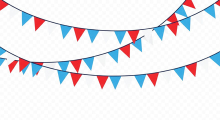 Fototapeta premium Patriotic bunting flags in red white and blue colors hanging for fourth of july celebration independence day memorial day and national holiday decorations.