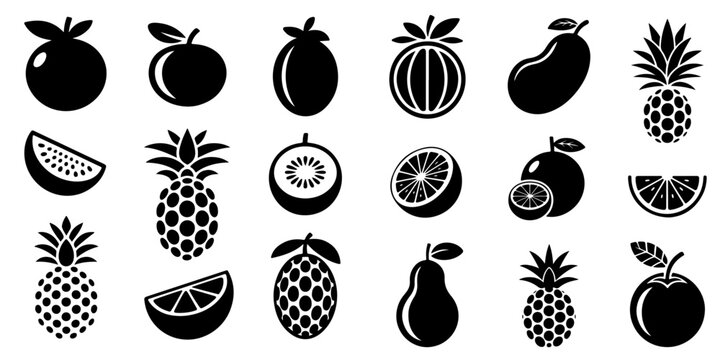 Tropical fruit silhouette icon collection featuring pineapple grape melon and citrus shapes in black isolated vector design set for logo branding packaging labels food graphics and clipart
