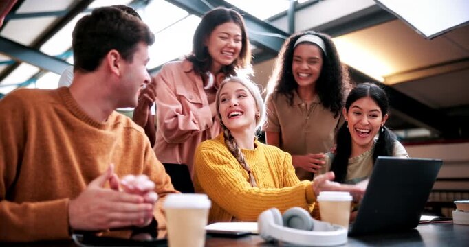 Success, clap or people in college with laptop, thesis results or good news on team project. University, flare or students with applause, academic achievement or lecturer approval on group submission