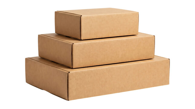 Stack of brown cardboard boxes isolated on transparent background