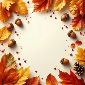 Autumn Maple Oak Leaves Acorns Pinecones Flat Lay Illustration with Copy Space