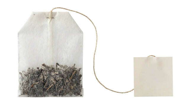 Tea bag with string and empty tag on transparent background