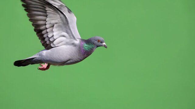 Slow motion flight of a beautiful rock pigeon gracefully flapping its wings. The bird is filmed against a green screen for easy keying