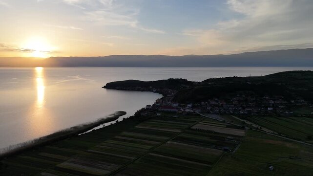 Drone Panorama of Lin Village at Dawn on Lake Ohrid