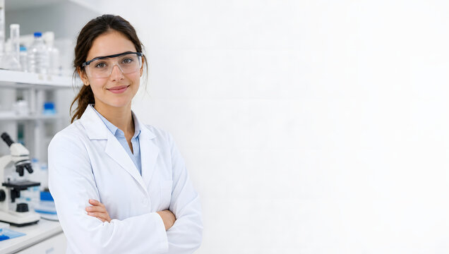 female scientist wearing glasses with white background