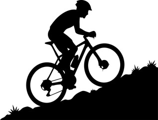 Fototapeta premium Cyclist silhouette climbs an incline while riding a mountain bike across rugged terrain.