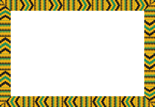 Vibrant Kente-inspired geometric border frame pattern in yellow, green, and black. Ideal for cultural designs and invitations
