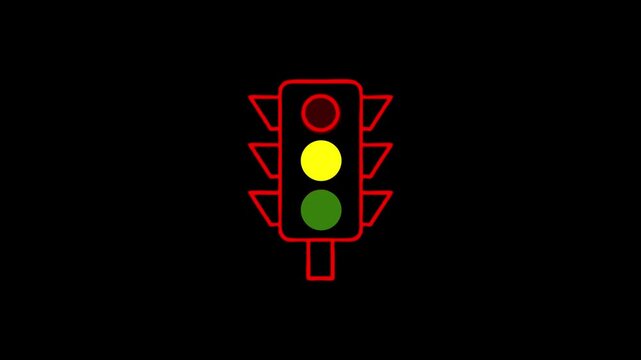 Traffic light icon blinking on black background with switching red yellow and green signals
