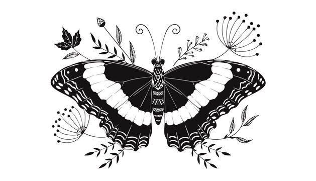 Very beautiful black-and-white engraved vector illustration of a Blue Morpho butterfly, featuring broad symmetrical wings, elegant botanical ornamentation, wildflowers, and highly detailed vintage 