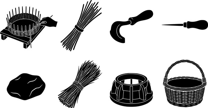Wicker basket weaving process elements with rattan materials and traditional craft tools, artisan hand weaving straw isolated on white background
