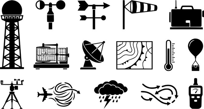 Set of meteorology and weather forecasting icons including radar, satellite, thermometer and wind monitoring tools.