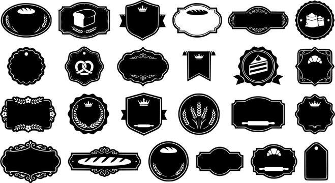 Set of bakery and pastry shop label frames with decorative vintage design and bread icons for food branding
