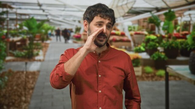 Young hispanic man with beard cups hand to mouth calling across rows of potted plants in a market inside a building; urgent call.