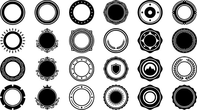 Set of twenty-four decorative round emblems and circular badge frames in black silhouette style.