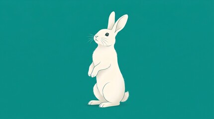 Obraz premium Minimalist White Bunny Standing Upright Alert Teal Background Curious Observing Art