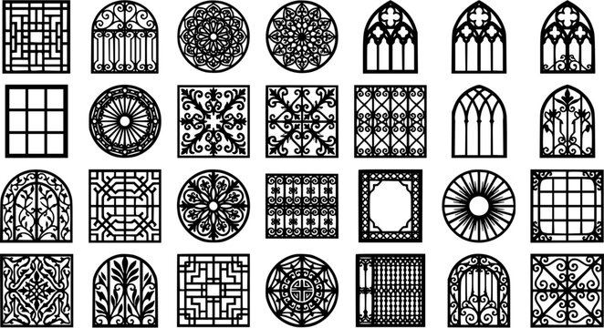 Set of decorative window grilles and architectural patterns in black silhouette style, collection of ornate ironwork and classic geometric window frames for design