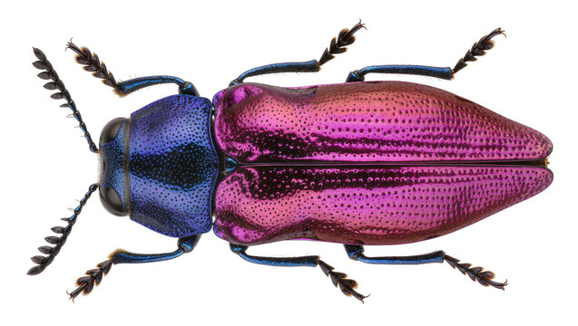 Iridescent metallic jewel beetle with blue head and pink body