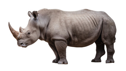 Gray rhinoceros with large horn standing profile view © Elena