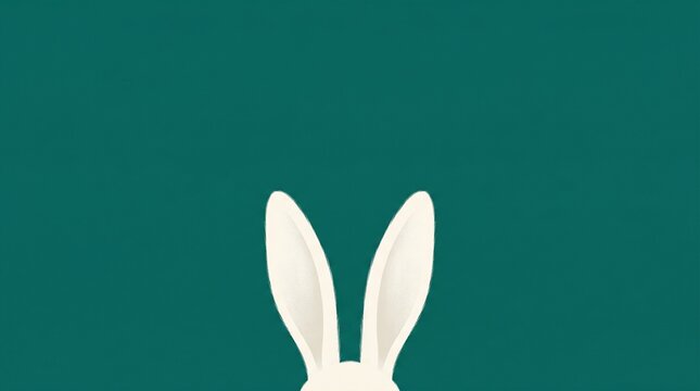 Minimalist White Rabbit Ears Only Peeking From Below Teal Background Hiding Art