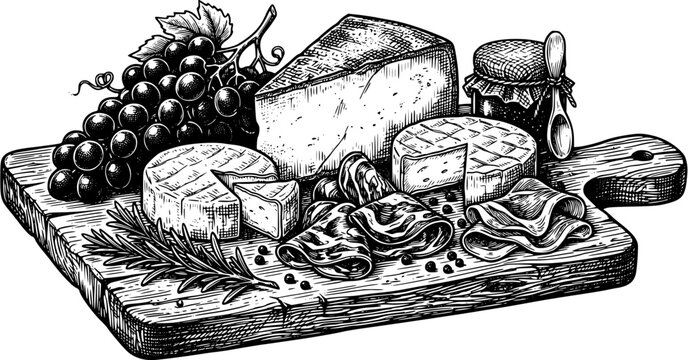 Gourmet cheese and charcuterie board with grapes, prosciutto and jam in vintage ink drawing style