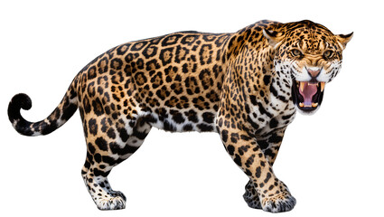 Jaguar roaring with mouth open, showing teeth and tongue © Elena