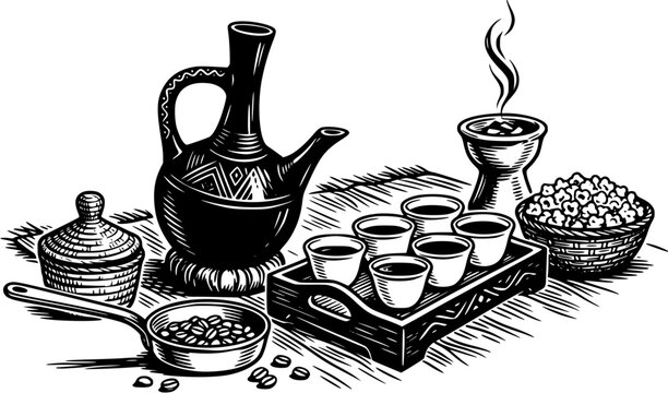 Ethiopian coffee ceremony with traditional clay pot, small cups on a wooden tray, popcorn and incense burner