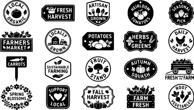 Collection of farmers market and farm fresh food product labels with organic produce and agricultural icons