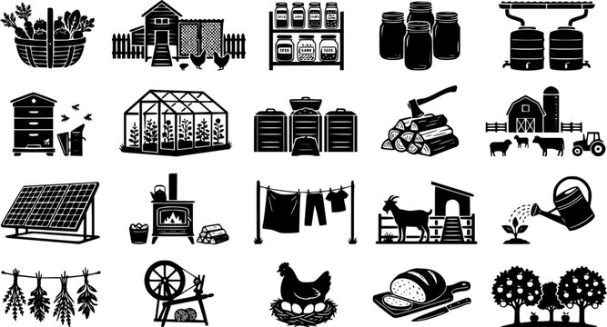 Set of sustainable homesteading icons depicting agriculture, gardening, and self-sufficient lifestyle elements in black and white